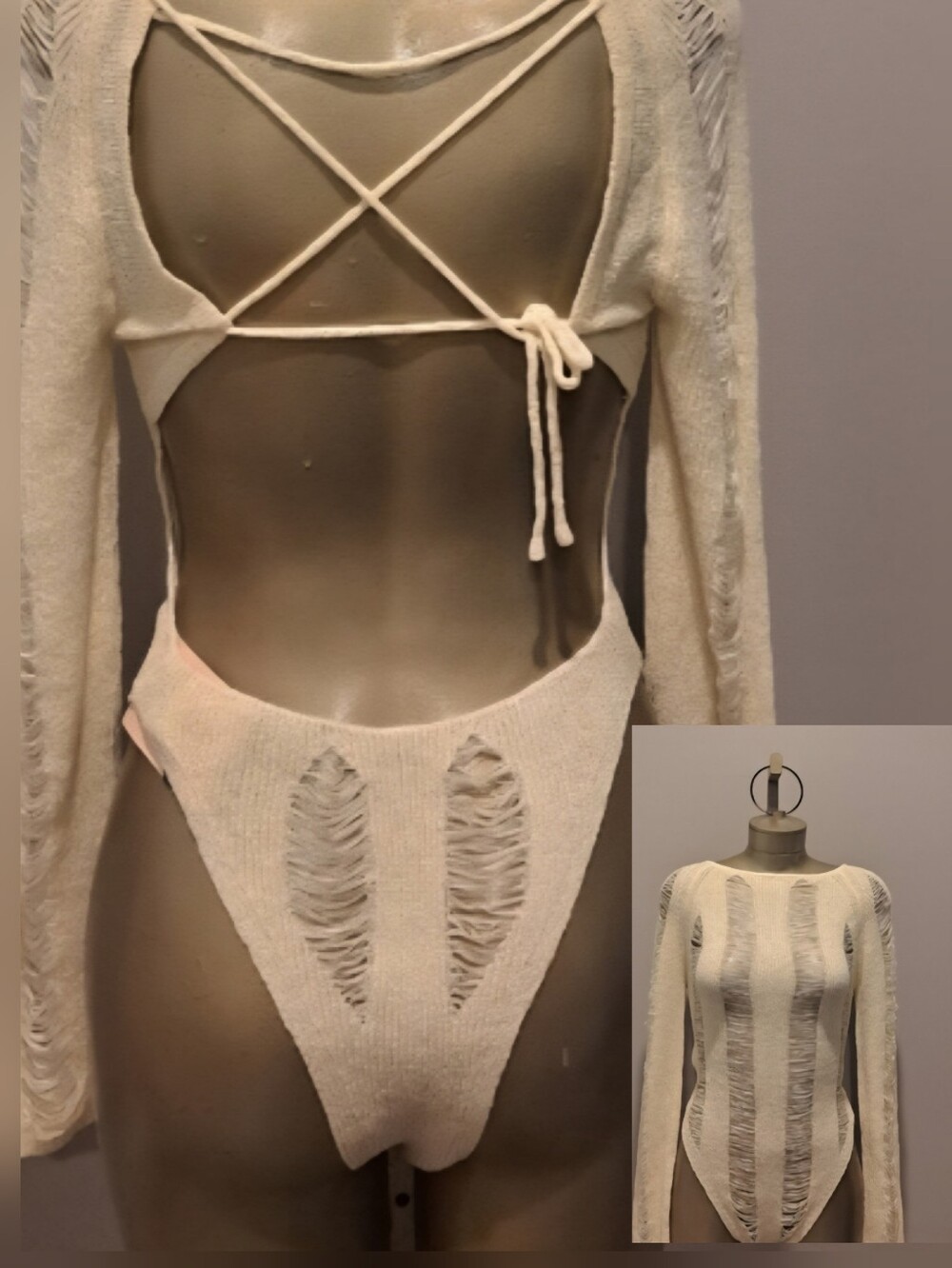 SheinBae Elegant Cream Long Sleeve Opened Ribbed Opened Tie Back Bodysuit